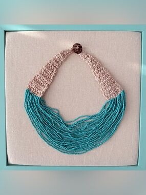 Boho Turquoise Beaded Statement Necklace - Knitted Neutral Cord Brand New